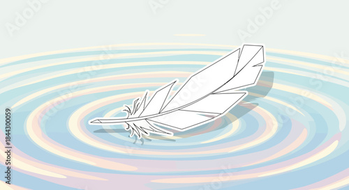 Delicate quill sketch resting on ethereal, swirling water ripples illustration