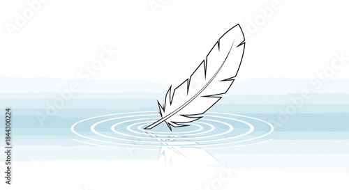 Delicate feather touching serene water with calming circular ripple effect element