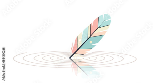 Pastel hued feather dipping in water causing ripples with reflection on white surface