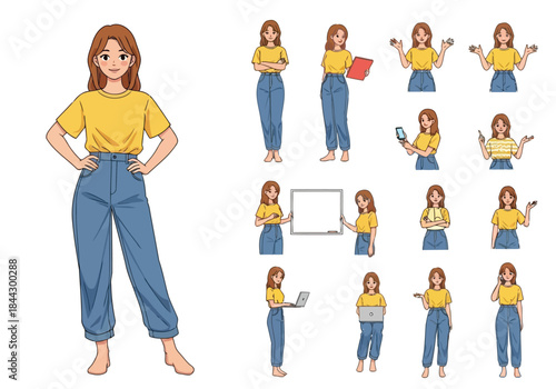A set of cartoon woman in various poses with yellow shirt and blue jeans