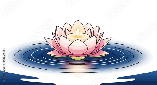 Elegant lotus flower illustration with a lit candle floating peacefully on water