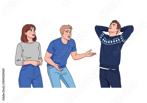 Three young adults standing and talking to each other in casual clothes