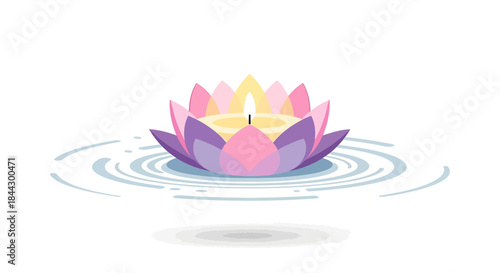 Stylized vector illustration of a lotus flower with a burning candle inside on water