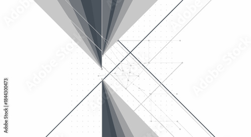 A sophisticated abstract geometric design with converging lines and layered triangular forms in shades of grey, creating a modern, dynamic, and conceptual visual.