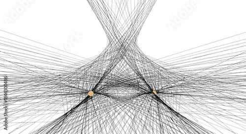 A complex abstract pattern of fine black lines radiates and converges from two central points, creating a dynamic visual of interconnected networks.