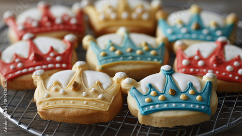 Decorated crown-shaped cookies in red, blue, and yellow colors. Epiphany crown cookies  