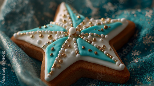 Star-shaped cookie decorated with icing and edible pearls on fabric. Epiphany star biscuits  