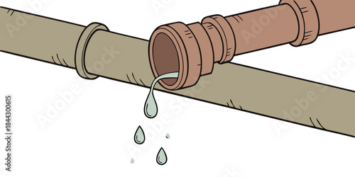 Leaky pipe with water dripping from connection in flat design  