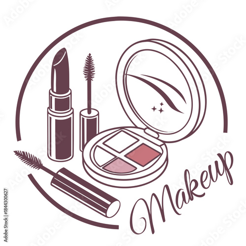 Makeup tools including lipstick, eyeshadow palette, and mascara  