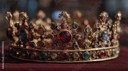 Epiphany. Ornate golden crown adorned with colorful gemstones on fabric  