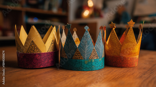 Epiphany three kings paper crowns. Colorful paper crowns arranged on wooden table in cozy setting  