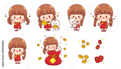 Cute Chinese New Year girl set collection with cartoon sticker kawaii chibi red dress qipao