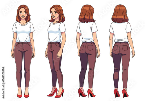 Illustration of a woman in brown pants and white shirt from multiple angles