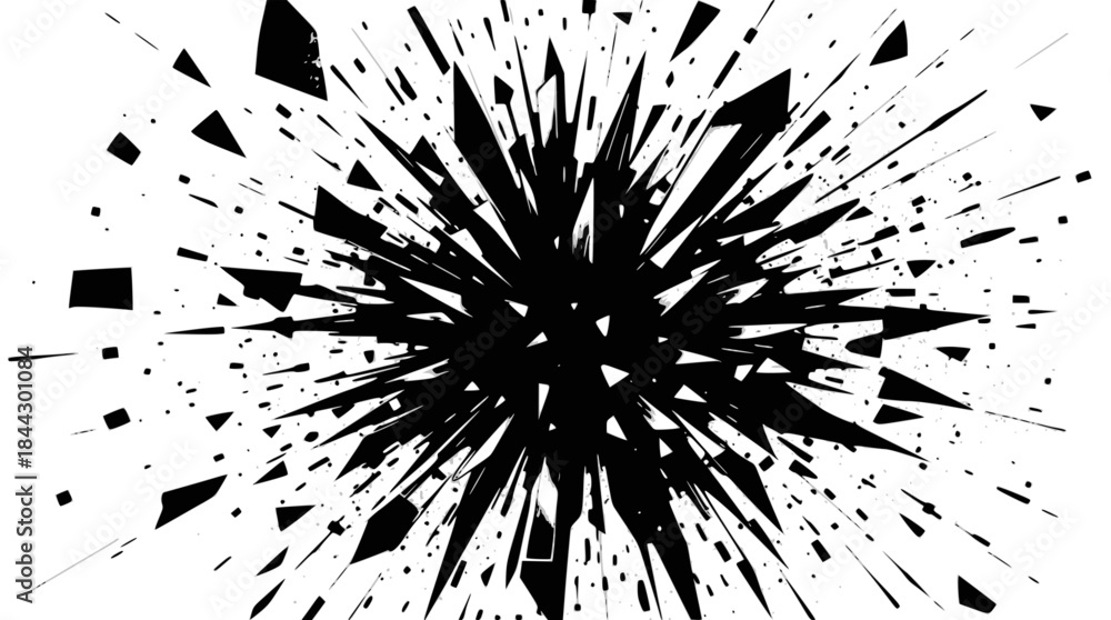 Obraz premium A black ink splatter exploding outwards on a white background, creating a dynamic and abstract burst effect.