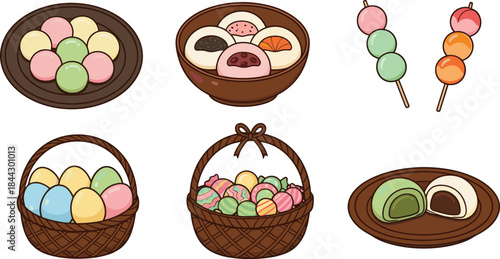Cute mochi and dango dessert illustration set featuring colorful rice cakes, sweet fillings, skewers, and basket assortments for traditional Asian food and festive vector designs.