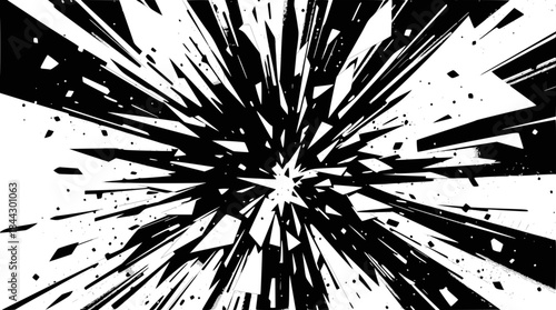 A dynamic abstract explosion of sharp black shards radiating outwards against a stark white background, creating a sense of chaotic energy and fragmentation.
