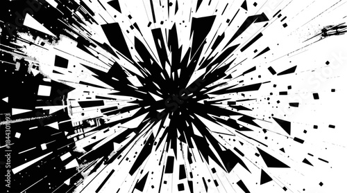 A dynamic abstract explosion of sharp black geometric shards and dots radiating outwards on a white background.