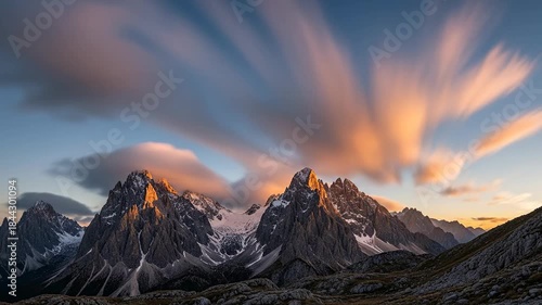 Majestic Mountain Peaks Under a Dramatic Sky with Streaking Clouds.