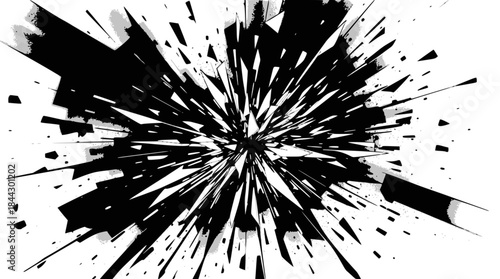 A dynamic black and white abstract explosion of sharp, angular shards and fragments radiating outwards from a central point against a stark white background.