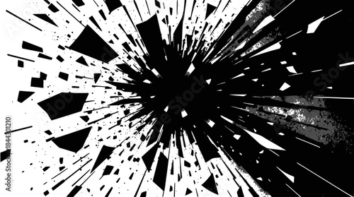 Abstract black and white explosion with shattered fragments radiating outwards from a central point.