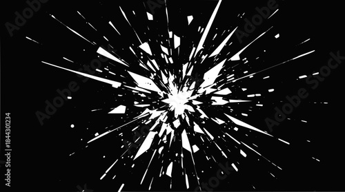 A dynamic abstract explosion of sharp white shards against a stark black background, suggesting a burst of energy or fragmentation.