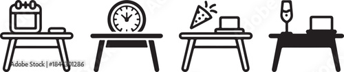 Minimalist black outline icons displaying various everyday objects on tables including a calendar clock cake and laptop for design elements