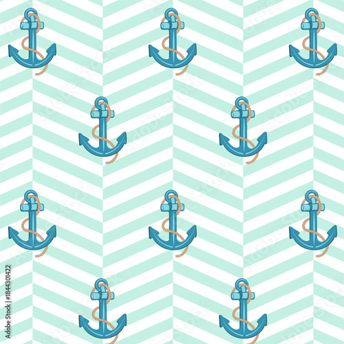 Ship anchors on a colorful striped background in an elegant pattern.Vector seamless pattern with sea anchors on a striped background.