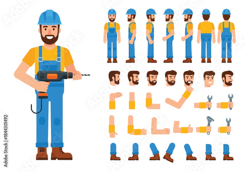 A set of a cartoon worker with various body parts and tools for design elements