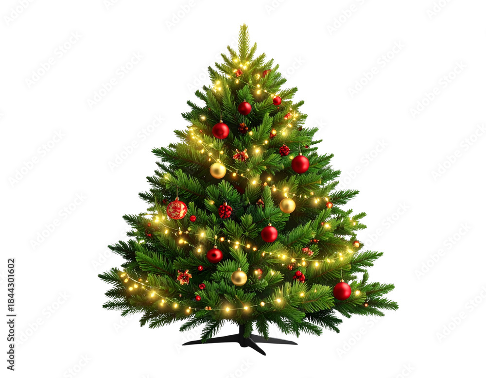 Fototapeta premium Elegant Decorated Christmas Tree Isolated on Transparent Background