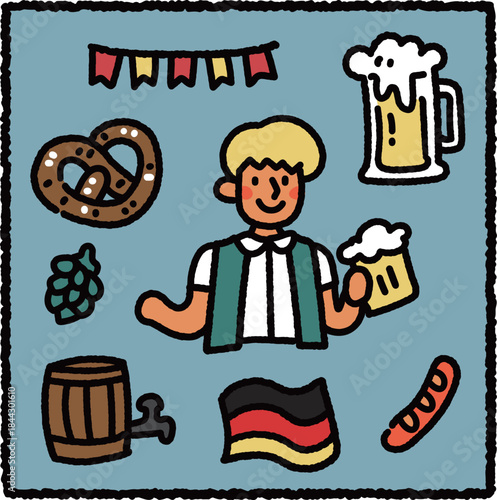 Cute Oktoberfest Illustration Featuring Man with Beer, Pretzel, Sausage, Hops, Beer Barrel and German Flag on a Festive Blue Background