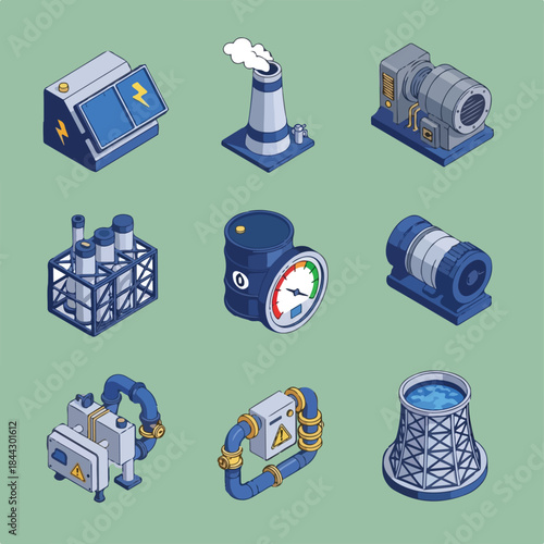 Nine isometric illustrations show energy and industrial elements such as solar panels, smokestacks, generators, and cooling towers.