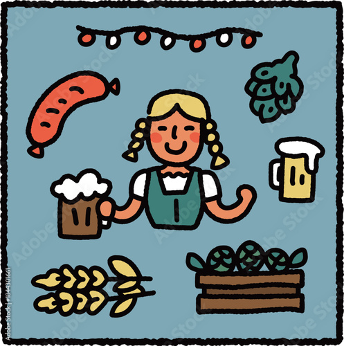 Cute Oktoberfest Illustration with Girl in Traditional Dress, Beer, Sausage, Hops and Barley on a Festive Blue Background