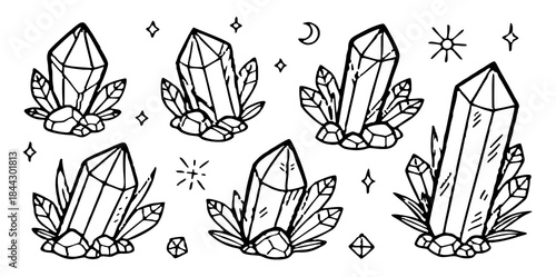 Decorative crystal collection illustration representing mysticism, energy, and natural gemstone concepts.
