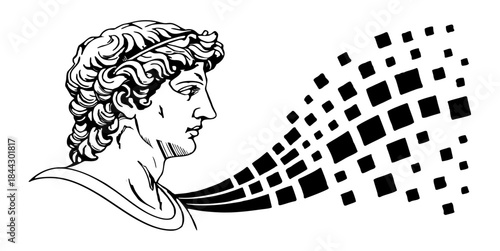 Classical sculpture head transforming into digital pixels representing technology, innovation, and modern creativity concepts.