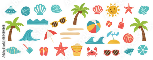 Colorful summer beach icon set illustrating vacation, travel, and seaside leisure concepts.