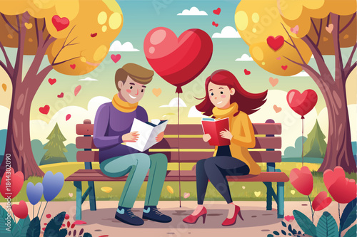couple exchanging love letters seated on a park