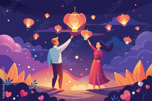 couple releasing heart shaped lanterns into the night