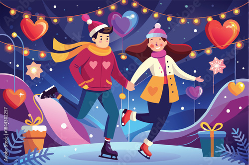 couple skating together holding hands and laughing