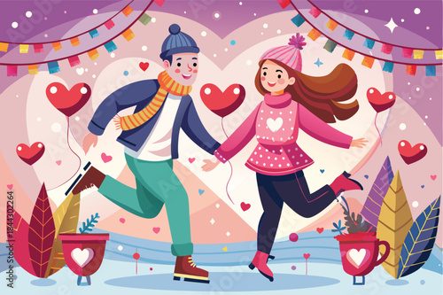 couple skating together holding hands and laughing