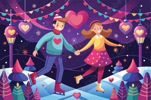 couple skating together holding hands and laughing