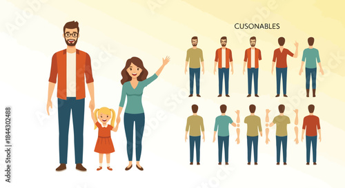 A family with a man, woman, and little girl standing together with various versions of the man in different poses