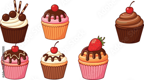 Cute cupcake illustration set featuring chocolate frosting, cherries, strawberries, drizzles, and decorative toppings, perfect for bakery, dessert, celebration, and sweet treat vector design projects.