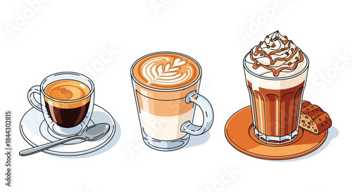 Three different types of coffee drinks in glass cups on saucers with various toppings and designs