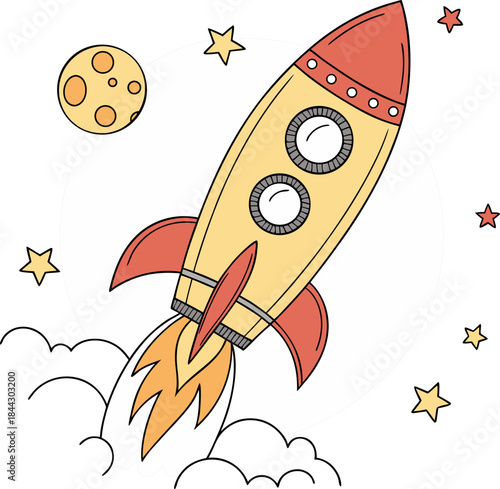 A cartoon illustration of a rocket ship launching against a soft, light-grey circular backdrop. The rocket is primarily yellow with a red fin and nose cone. It features two circular windows and a red 