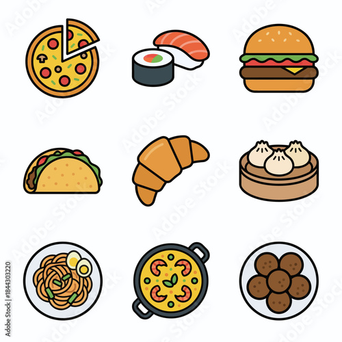 Food Icons Set of Popular International Cuisine Flat Vector Illustration - Pizza, Sushi, Burger, Pasta, Fried Chicken, Taco, Sandwich, Steak, Ramen, Noodles, Dumpling, Croissant, Hotdog, Paella, Curry