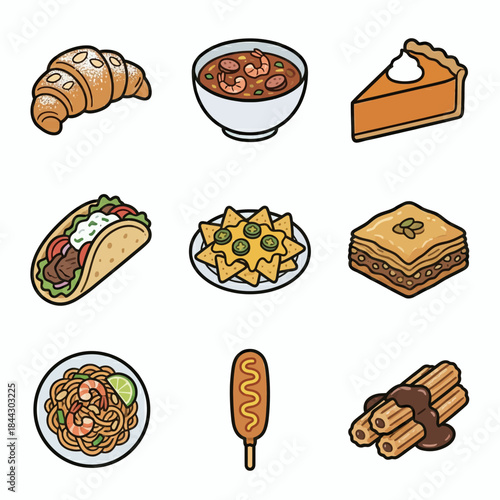 Food Icons Set of Popular International Cuisine Flat Vector Illustration - Pizza, Sushi, Burger, Pasta, Fried Chicken, Taco, Sandwich, Steak, Ramen, Noodles, Dumpling, Croissant, Hotdog, Paella, Curry