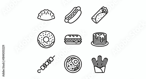 Food Icons Set of Popular International Cuisine Flat Vector Illustration - Pizza, Sushi, Burger, Pasta, Fried Chicken, Taco, Sandwich, Steak, Ramen, Noodles, Dumpling, Croissant, Hotdog, Paella, Curry
