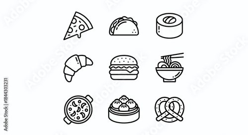 Food Icons Set of Popular International Cuisine Flat Vector Illustration - Pizza, Sushi, Burger, Pasta, Fried Chicken, Taco, Sandwich, Steak, Ramen, Noodles, Dumpling, Croissant, Hotdog, Paella, Curry