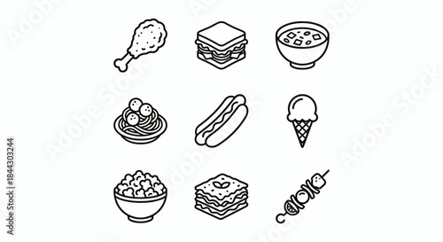 Food Icons Set of Popular International Cuisine Flat Vector Illustration - Pizza, Sushi, Burger, Pasta, Fried Chicken, Taco, Sandwich, Steak, Ramen, Noodles, Dumpling, Croissant, Hotdog, Paella, Curry
