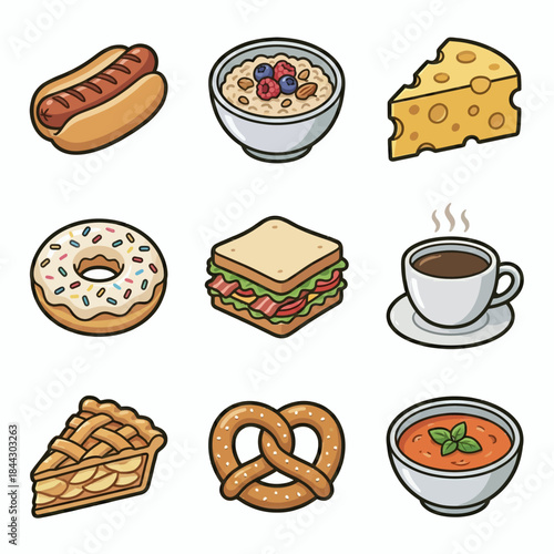 Food Icons Set of Popular International Cuisine Flat Vector Illustration - Pizza, Sushi, Burger, Pasta, Fried Chicken, Taco, Sandwich, Steak, Ramen, Noodles, Dumpling, Croissant, Hotdog, Paella, Curry
